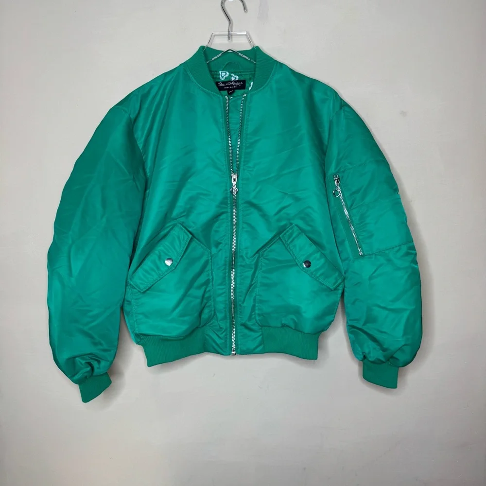Miss Selfridge ruched sleeve bomber jacket bright green silver zipper size 4 - Picture 2 of 14
